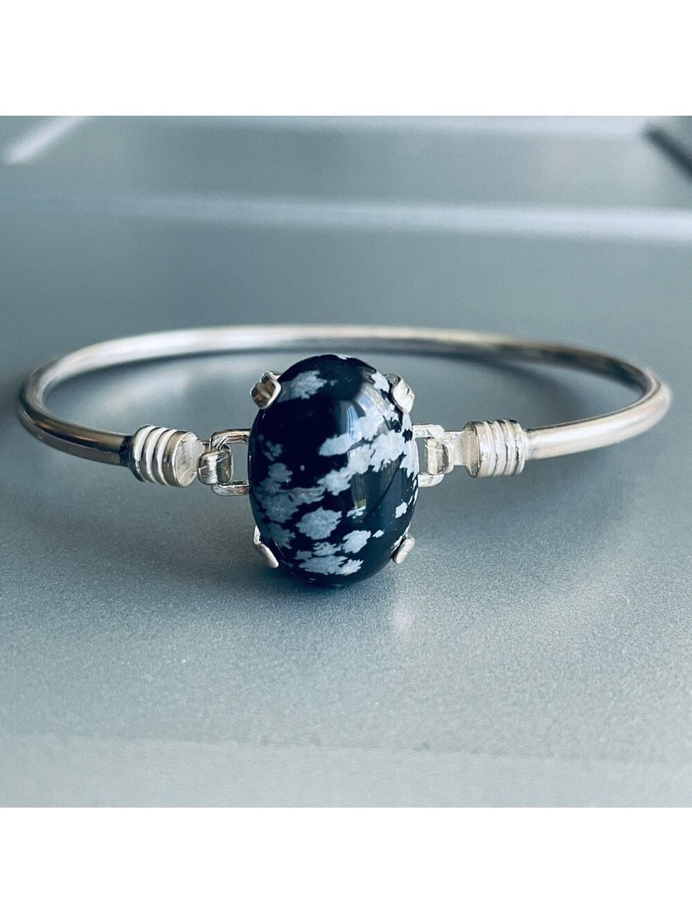 Vintage Snowflake Obsidian Sterling Silver Cuff Hinged Bangle Bracelet